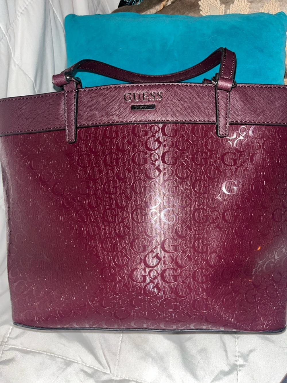 GUESS Plum Logo Tote with Silver Hardware